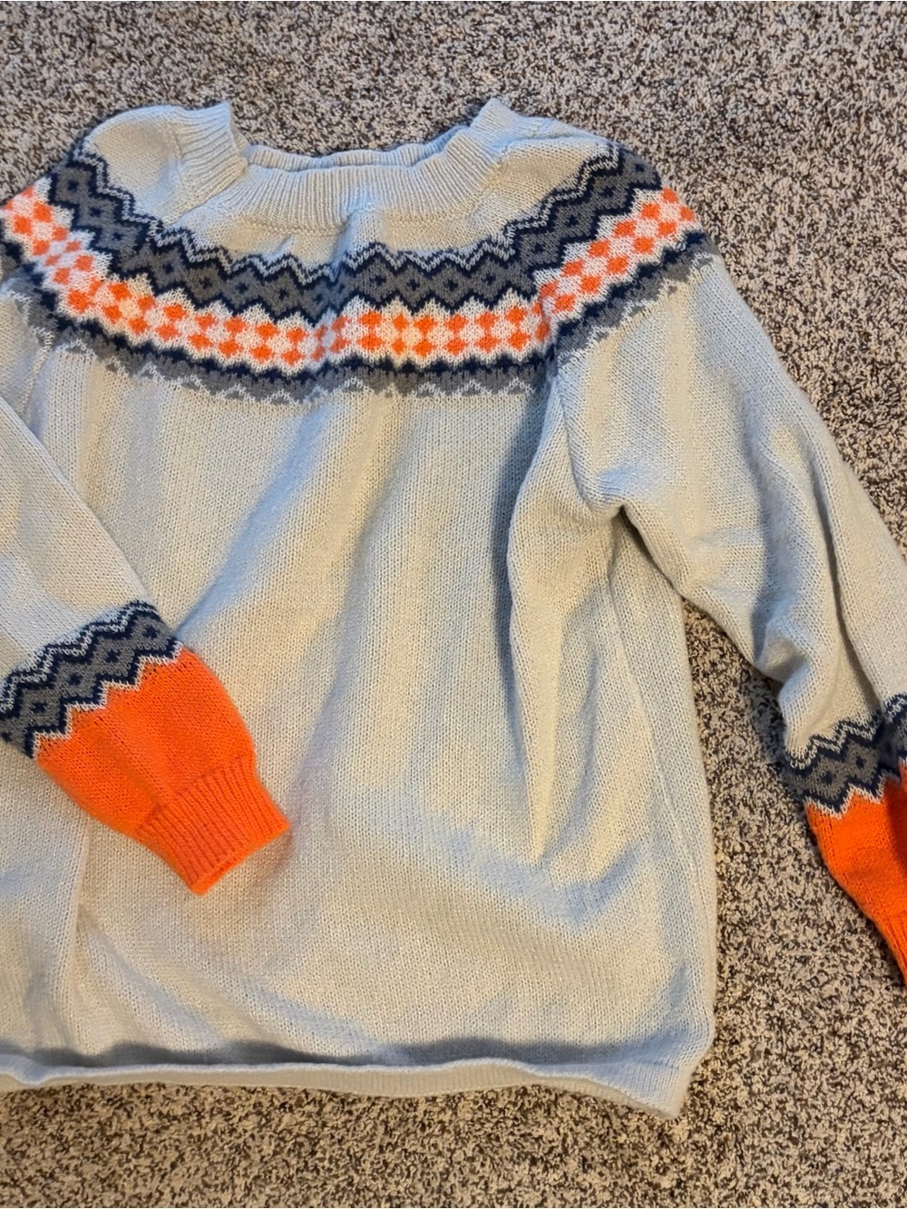 Amazon Light Blue Fair Isle Crewneck Sweater with Orange Cuffs